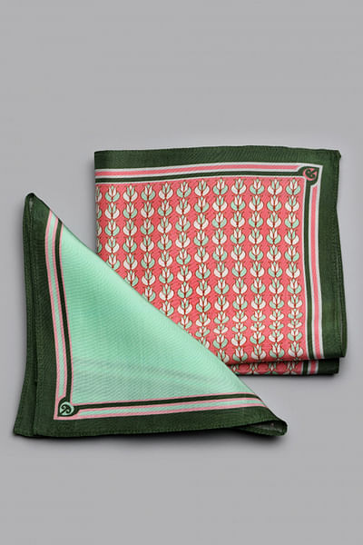 Solid green and coral printed pocket square set