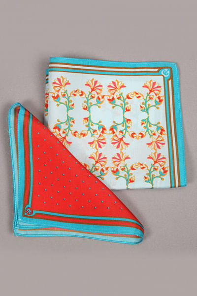 Red polka and blue floral printed pocket square set