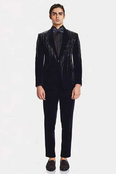 Black tonal embroidered velvet tuxedo