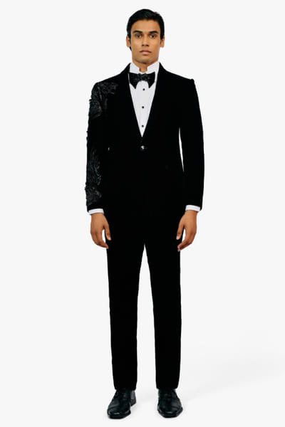 Black cascading sequin embroidered tuxedo