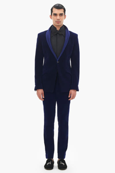 Sapphire contoured lapel velvet tuxedo