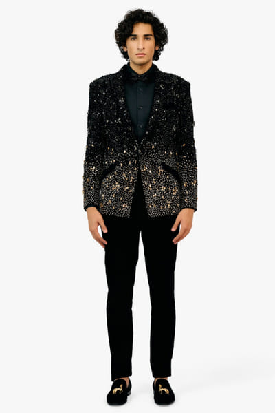 Black embroidered velvet tuxedo