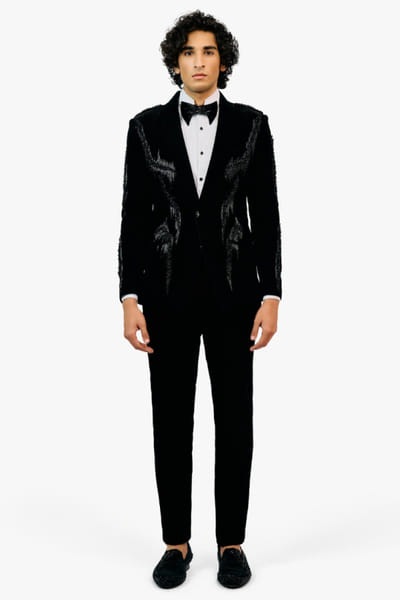 Black crystal embroidered velvet tuxedo
