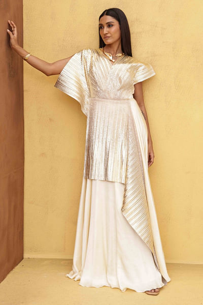 Ivory and gold asymmetric drape gown