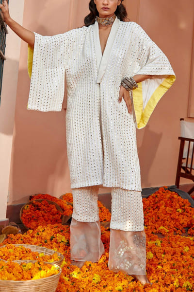 White mirror overlay and pants