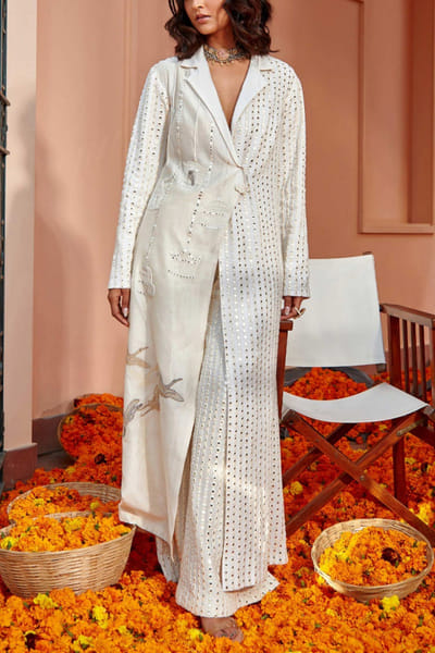 Mirror embellished long jacket and pants