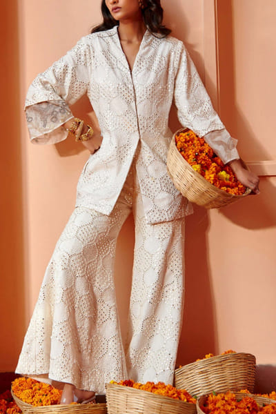 White embellished jacket and pants