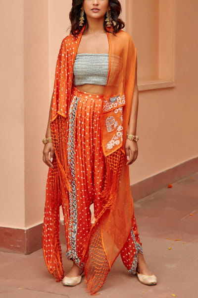 Orange bandhani cape and dhoti
