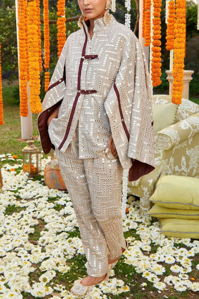 Mirror embellished cape jacket and pants