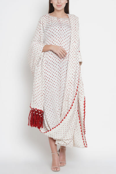 White bandhani draped dress