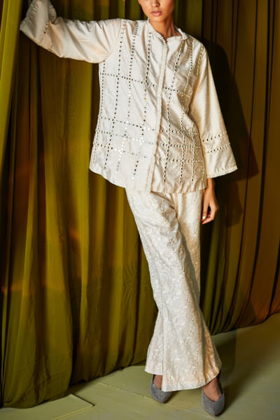 Off white mirror embellished top