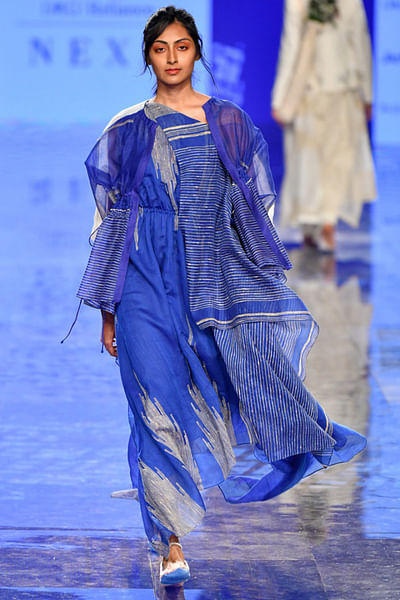 Blue off shoulder drape dress with kaftan jacket