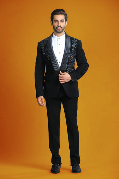 Black bead embroidered tuxedo set
