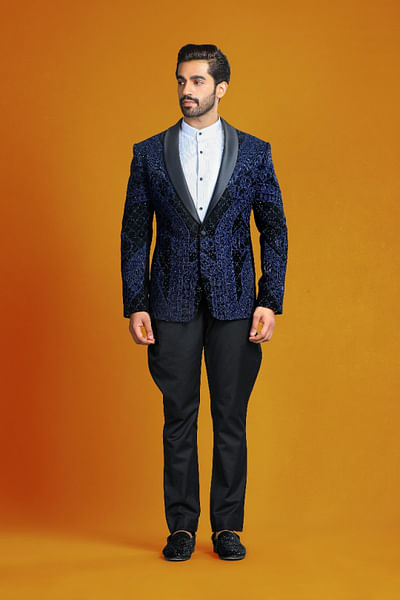 Black and blue dori embroidered tuxedo set