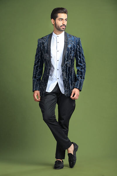 Navy blue bead embellished velvet tuxedo