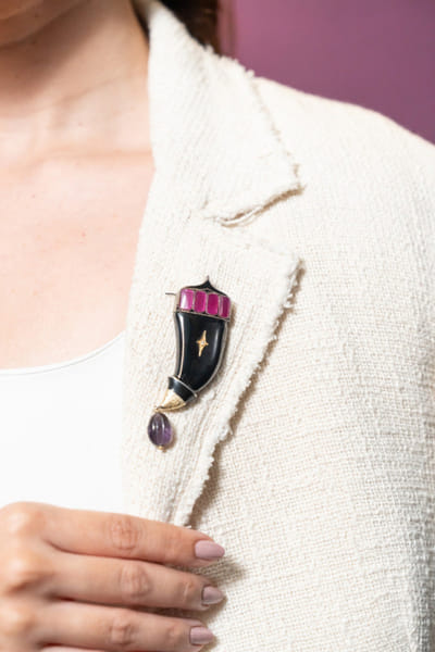 Uncut by Aditi Amin Black hand-painted and embellished brooch UNCUJUN26D146758