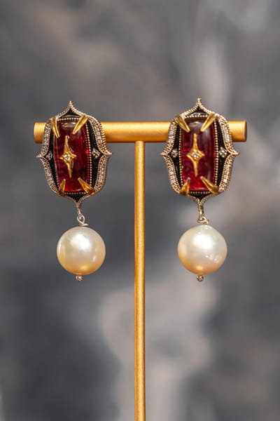 Uncut by Aditi Amin Red hand-painted and embellished earrings UNCUJUN26D146763