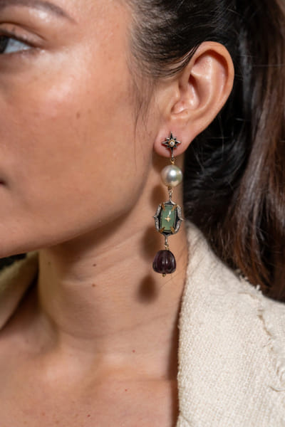 Uncut by Aditi Amin Green hand-painted and embellished earrings UNCUJUN26D146764