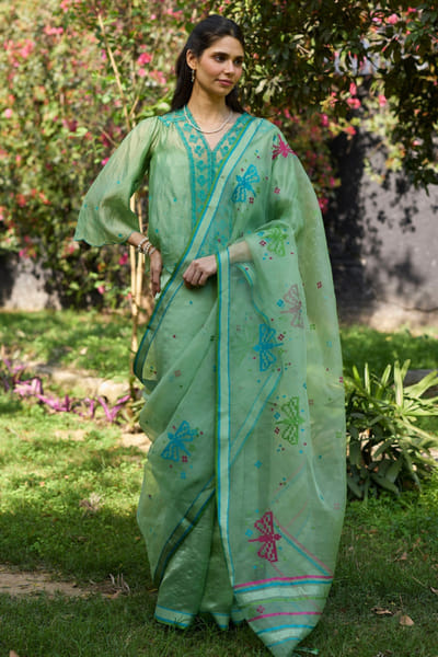 Surmaye Jade green jamdani sari SURMAUG26D151734