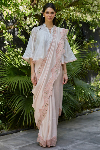 Surmaye Ivory and pink applique sari SURMJUN26D146181