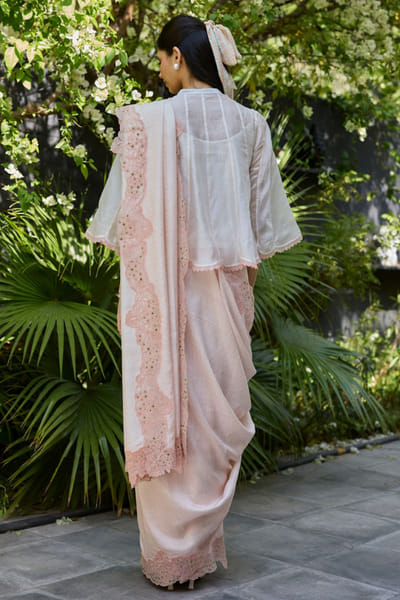 Surmaye Ivory and pink applique sari SURMJUN26D146181