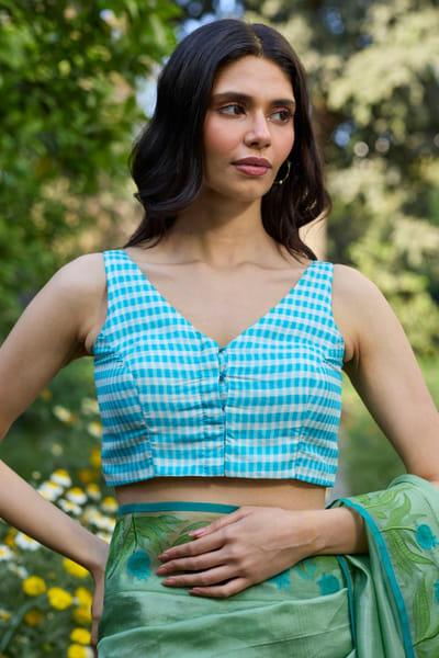 Surmaye Blue and ivory checks printed blouse SURMAUG26D252272