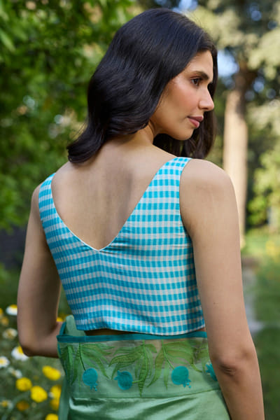 Surmaye Blue and ivory checks printed blouse SURMAUG26D252272