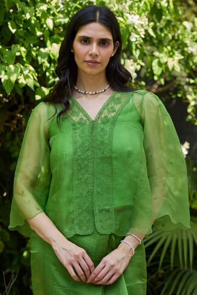 Surmaye Leaf green embroidered blouse SURMJUN26D146197