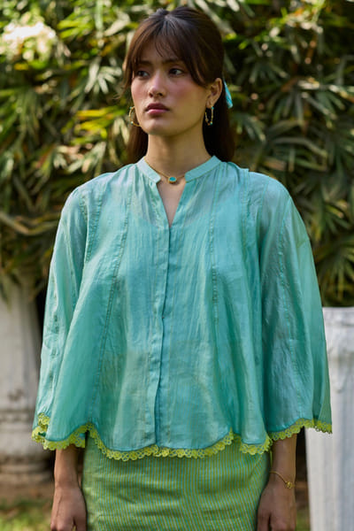 Surmaye Sea blue scallop floral embroidered blouse SURMJUN26D146198