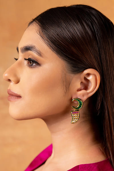 Multicolor polki embellished crescent earrings