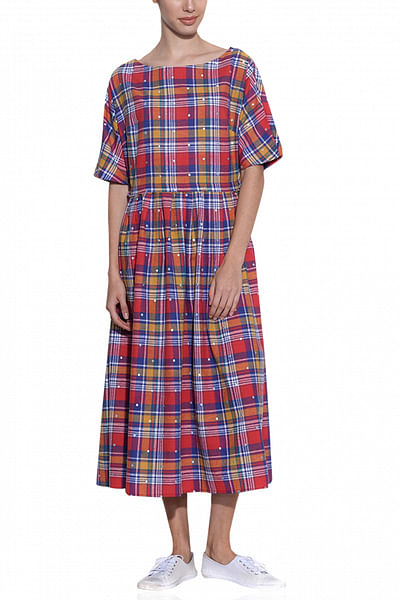 Checkered dress with polka dot embroidery