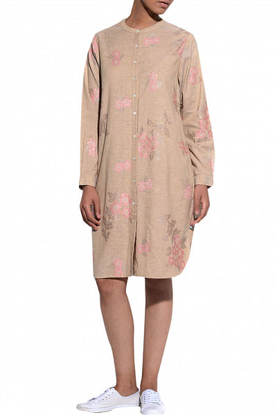 Beige shirt dress with cross stitch embroidery