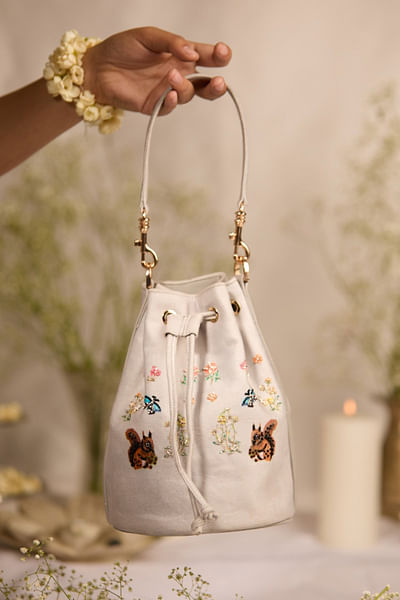 Grey floral-squirrel embroidered bucket bag