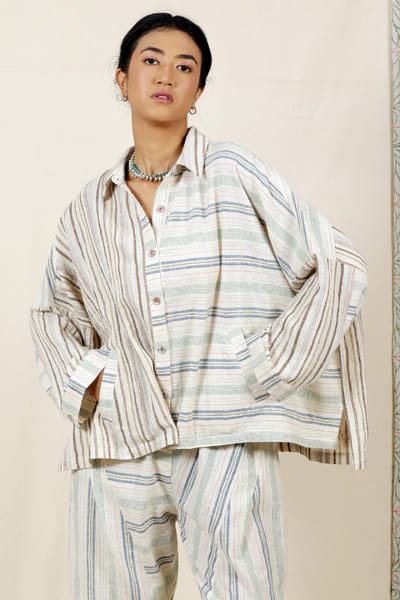 Meld studio Cream woven striped shirt MELDAUG26D252728