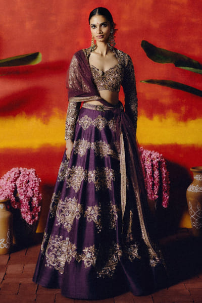 Purple floral embroidered lehenga set