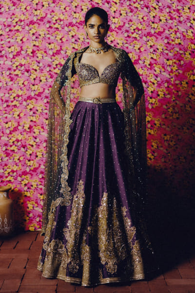 Purple embroidered leheng set