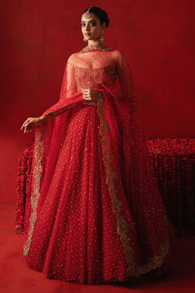 Ruby red mirror work raw silk lehenga set