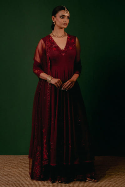 Geethika Kanumilli Maroon embroidered khadi-tulle anarkali set GEETJUN26D248296