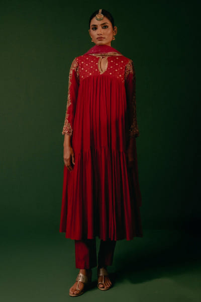 Geethika Kanumilli Red zari embroidered anarkali set GEETJUN26D248297