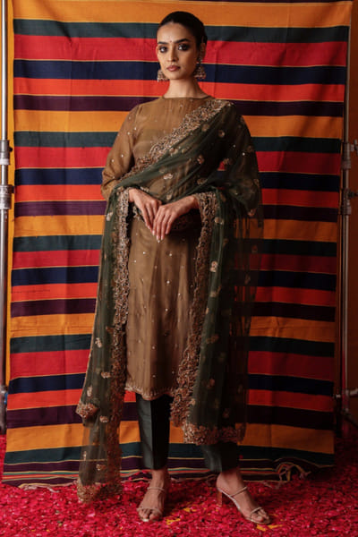 Olive green layered silk kurta set