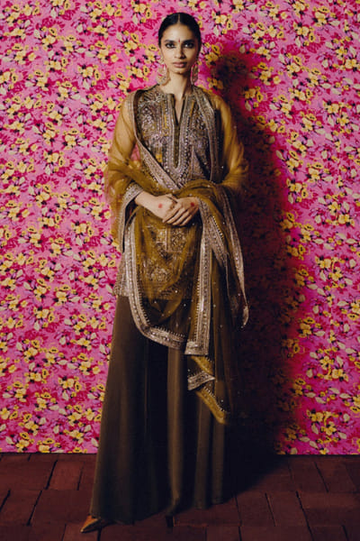 Olive green embroidered kurta set