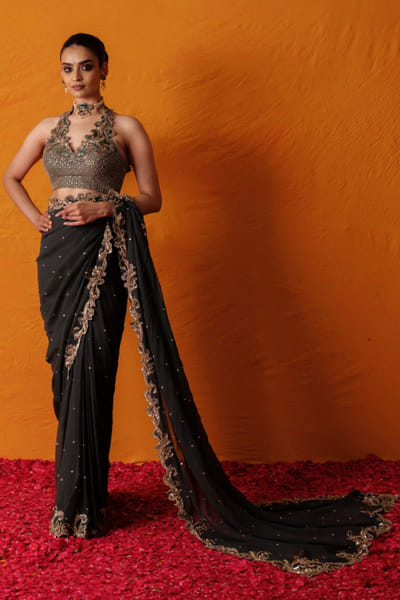 Green embroidered pre-draped sari set