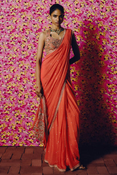 Orange embroidered pre-draped sari set