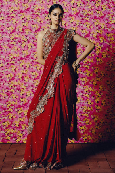 Red embroidered pre-draped sari set