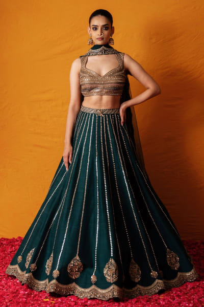 Green embroidered raw silk lehenga set