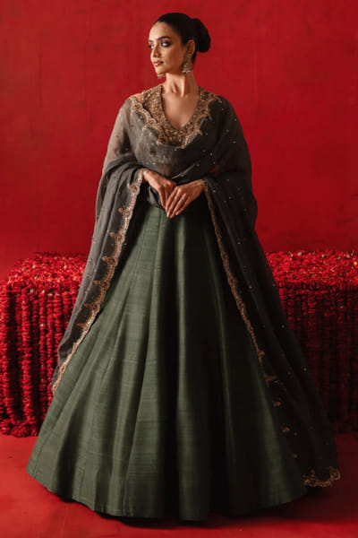 Green embroidered raw silk lehenga set