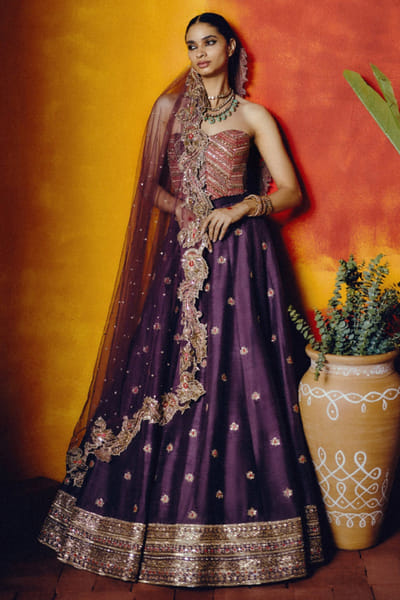 Purple embroidered raw silk lehenga set