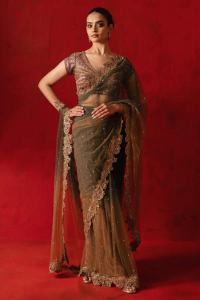 Olive green mirror work pre-draped sari set