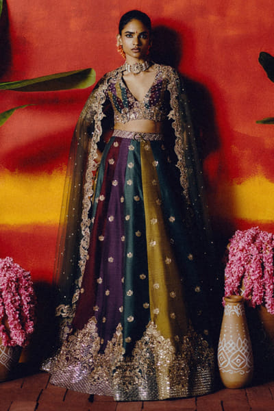 Multicolour patchwork raw silk lehenga set