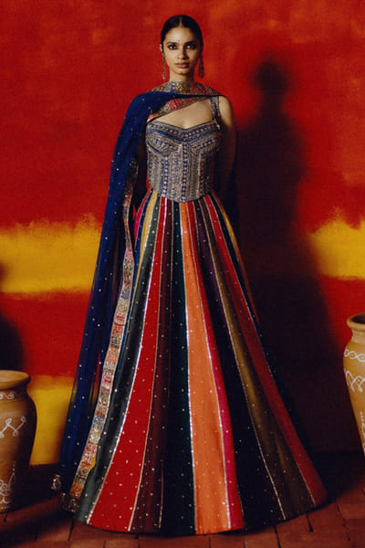 Multicolour mirror work raw silk lehenga set